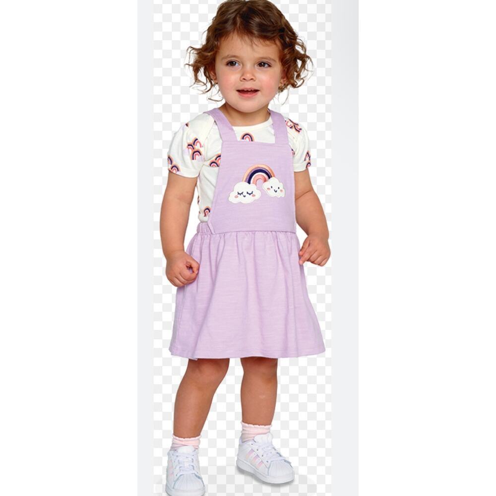 Pekkle Girls Light Purple Cotton Blend Overall Dress Embroidered Rainbows Clouds